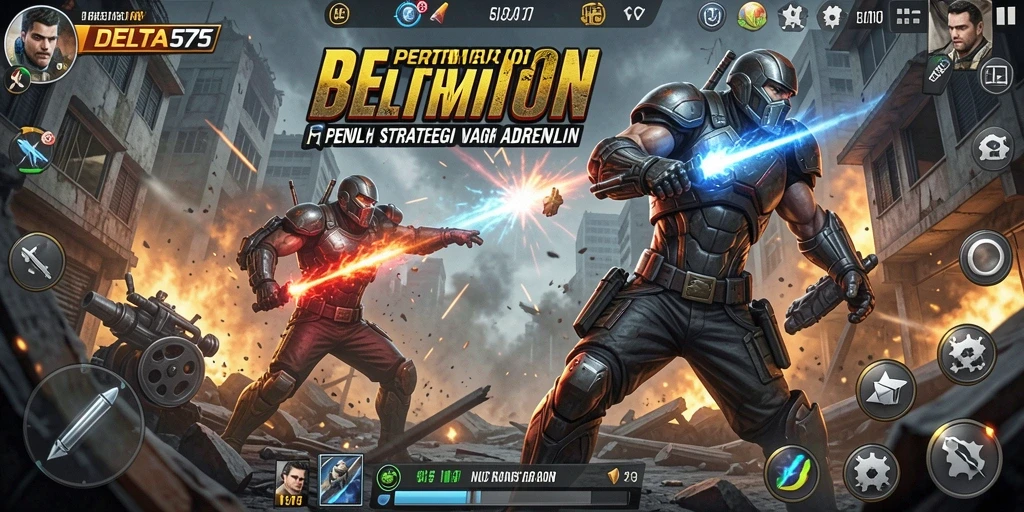 Screenshot menunjukkan aksi mendebarkan dalam DELTA575 dengan karakter bertarung.