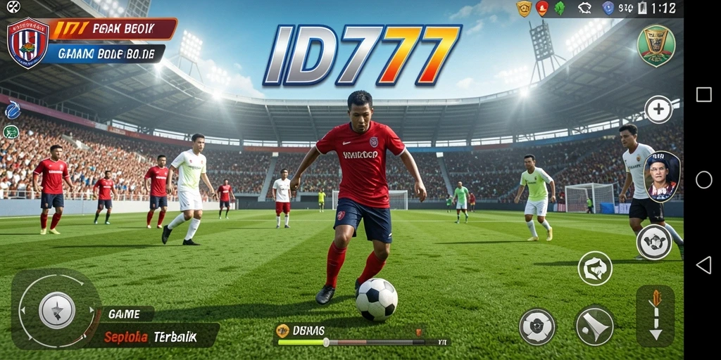Screenshot gameplay ID777 dengan aksi seru di lapangan sepak bola.