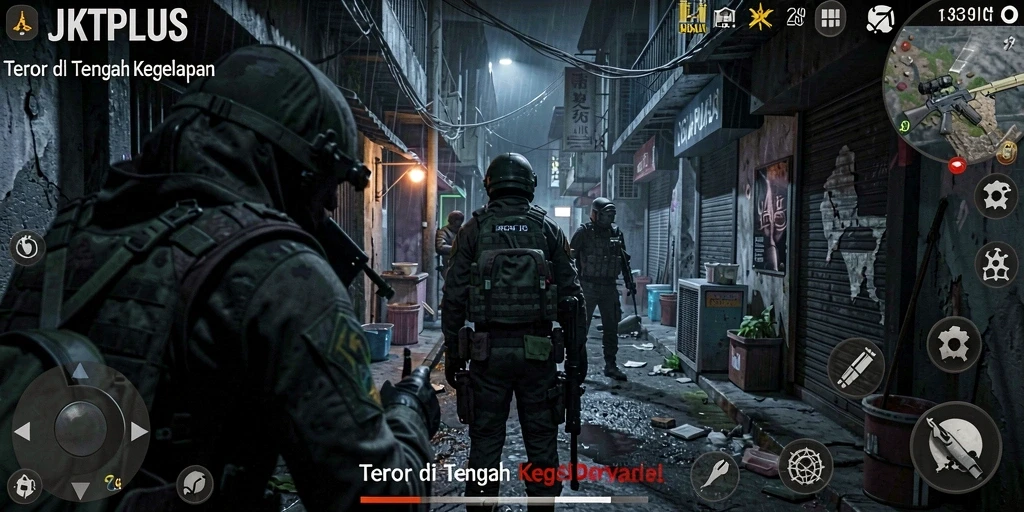 Screenshot menunjukkan karakter menghadapi makhluk menyeramkan dalam suasana kelam.