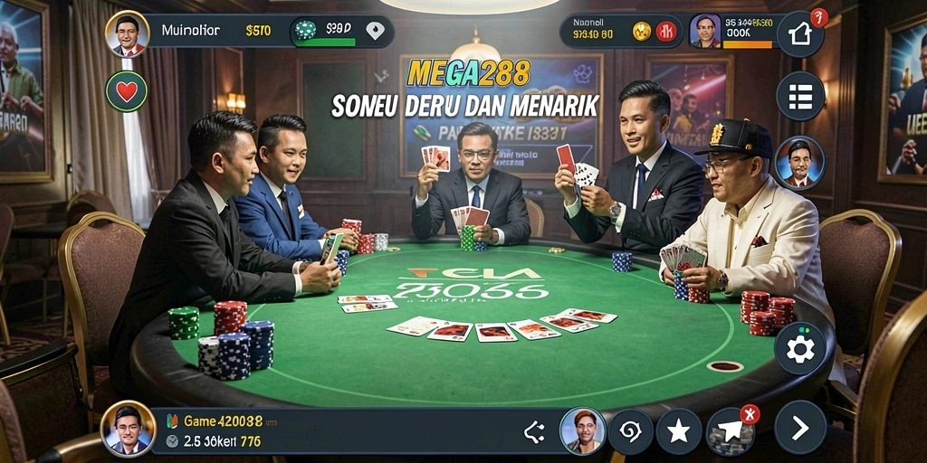 Screenshot utama MEGA288 yang menampilkan aksi permainan Poker yang menegangkan.