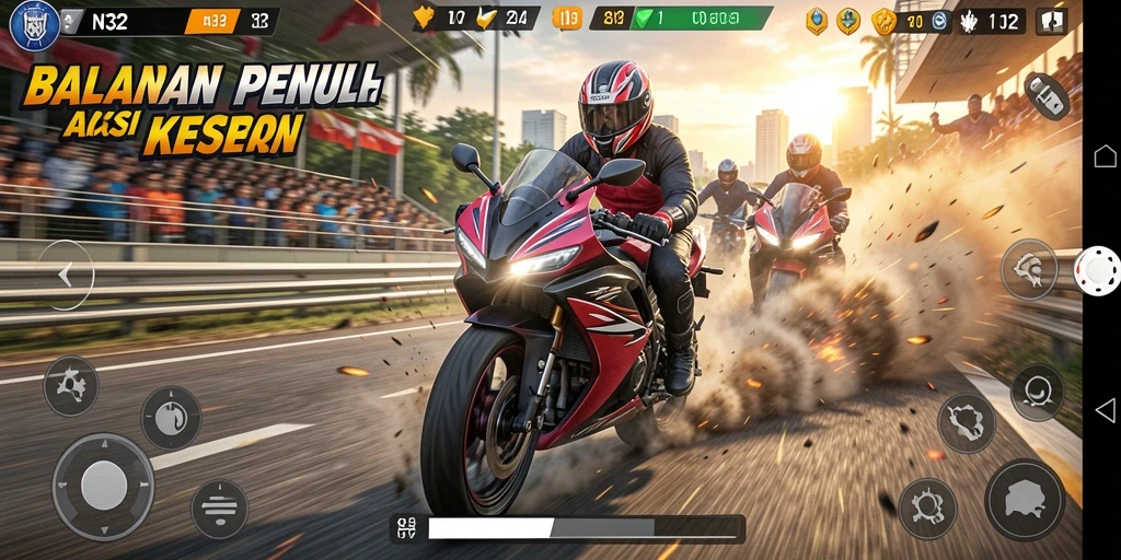 Tampilan gameplay N32 dengan balapan motor yang mendebarkan.
