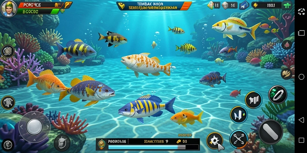 Tampilan gameplay seru saat menembak ikan di dalam laut.