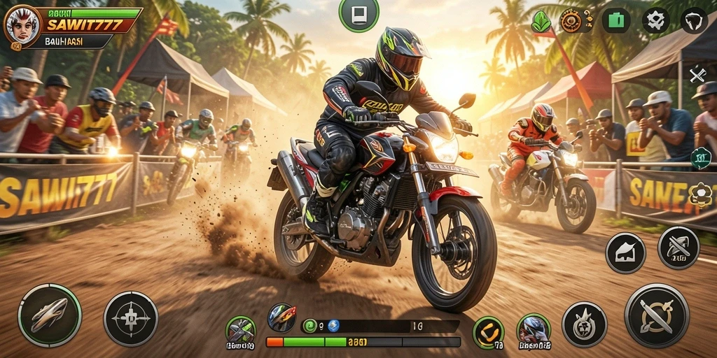 Tangkapan layar gameplay SAWIT777 menunjukkan serunya balapan motor di lintasan.