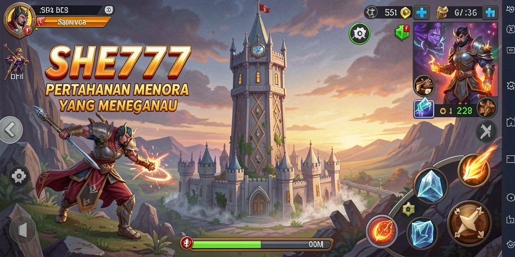 Tangkapan layar gameplay seru dari SHE777 yang menunjukkan menara dan strategi pertahanan.